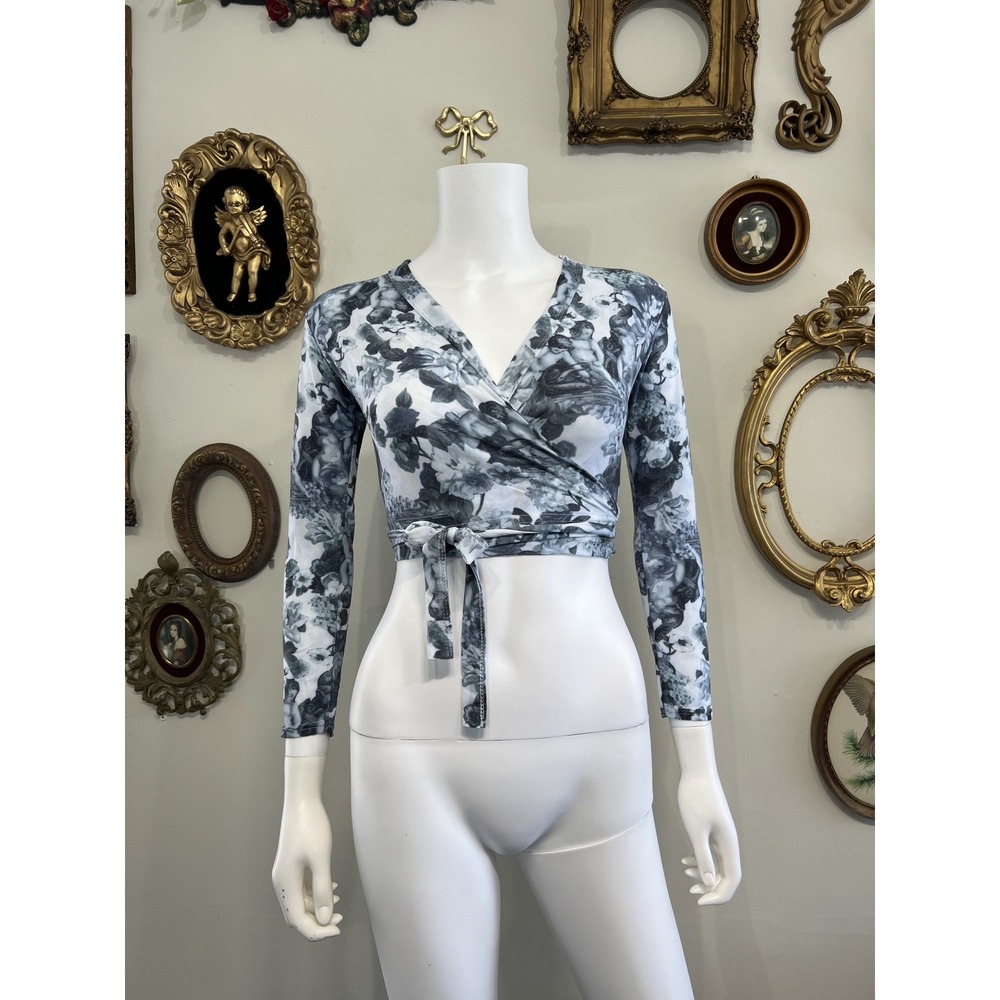 Vintage Cheryl Creations Black White Floral Cherub Wrap Crop Top S